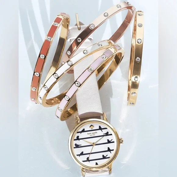 Kate Spade Pink Enamel + Rhinestone Gold Hinge Bangle Bracelet - Picture 1 of 3